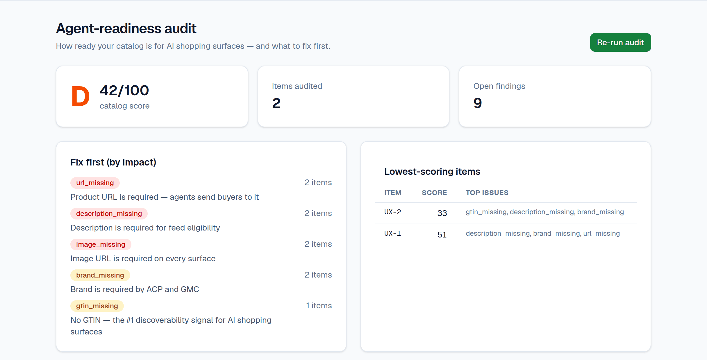 Agent-readiness audit with score and fix-first list